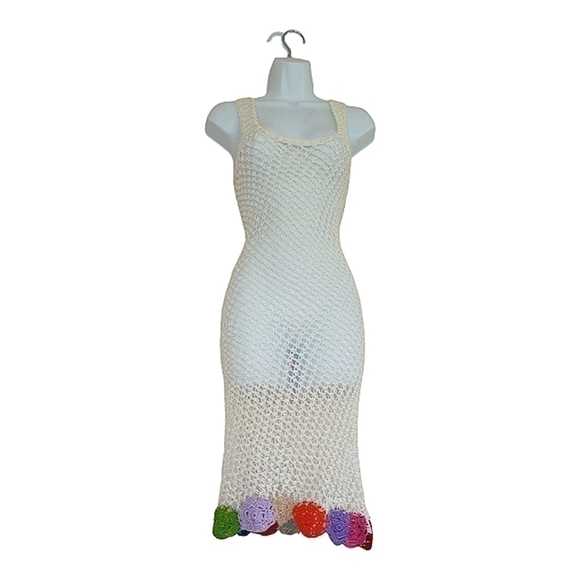 Vintage Cream Rainbow Crochet Boho Summer Dress Small - Picture 5 of 7
